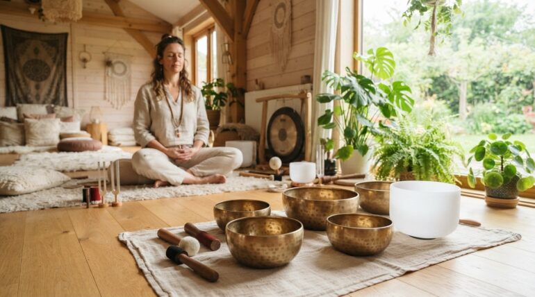 séance de soin sonore et relaxation naturelle avec bols chantants